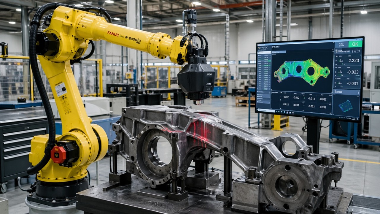Industrial robot performing dimensional inspection of manufactured components on a factory floor