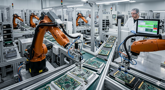 Industrial robot assembling small electronic components in a manufacturing environment