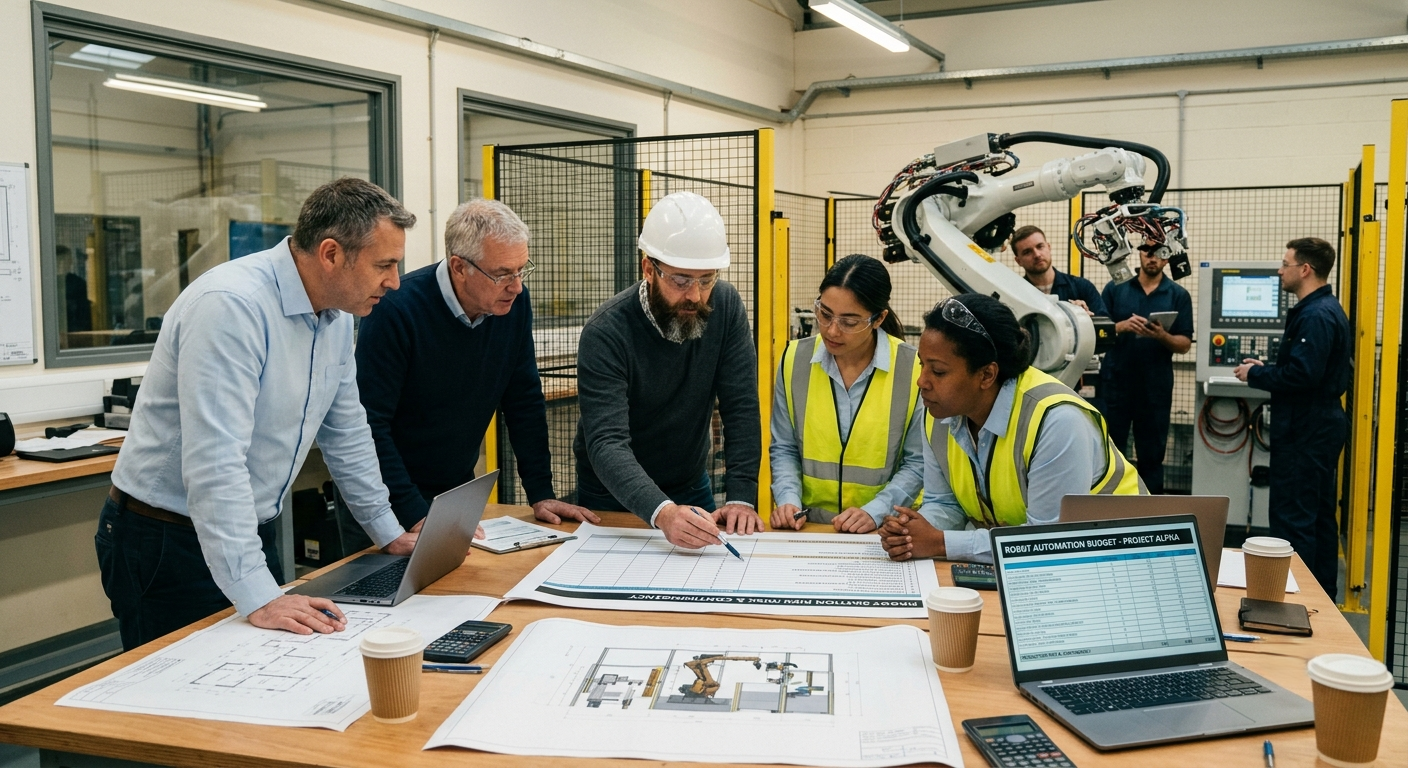 Engineering team reviewing a robot automation budget for an industrial cell