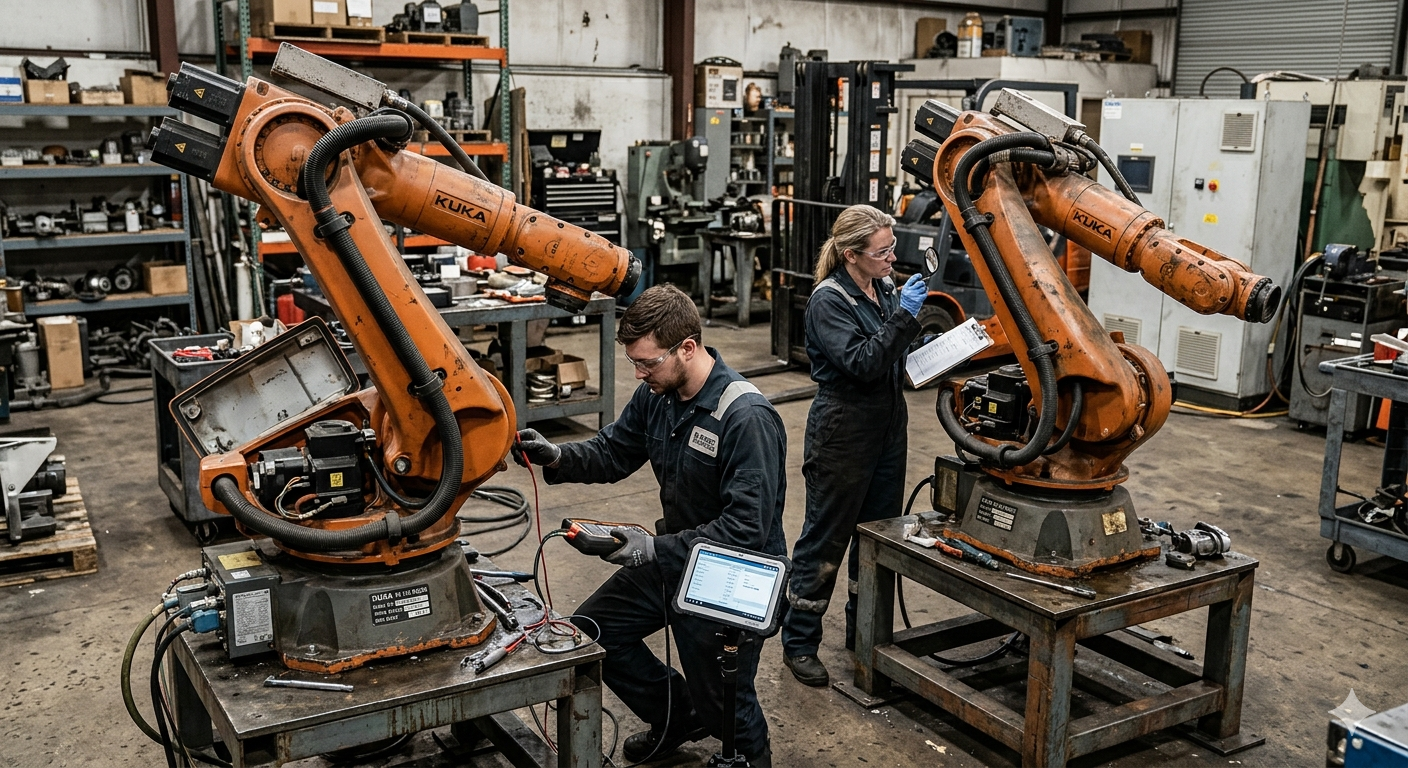 Two used industrial robots of the same model being inspected before refurbishment