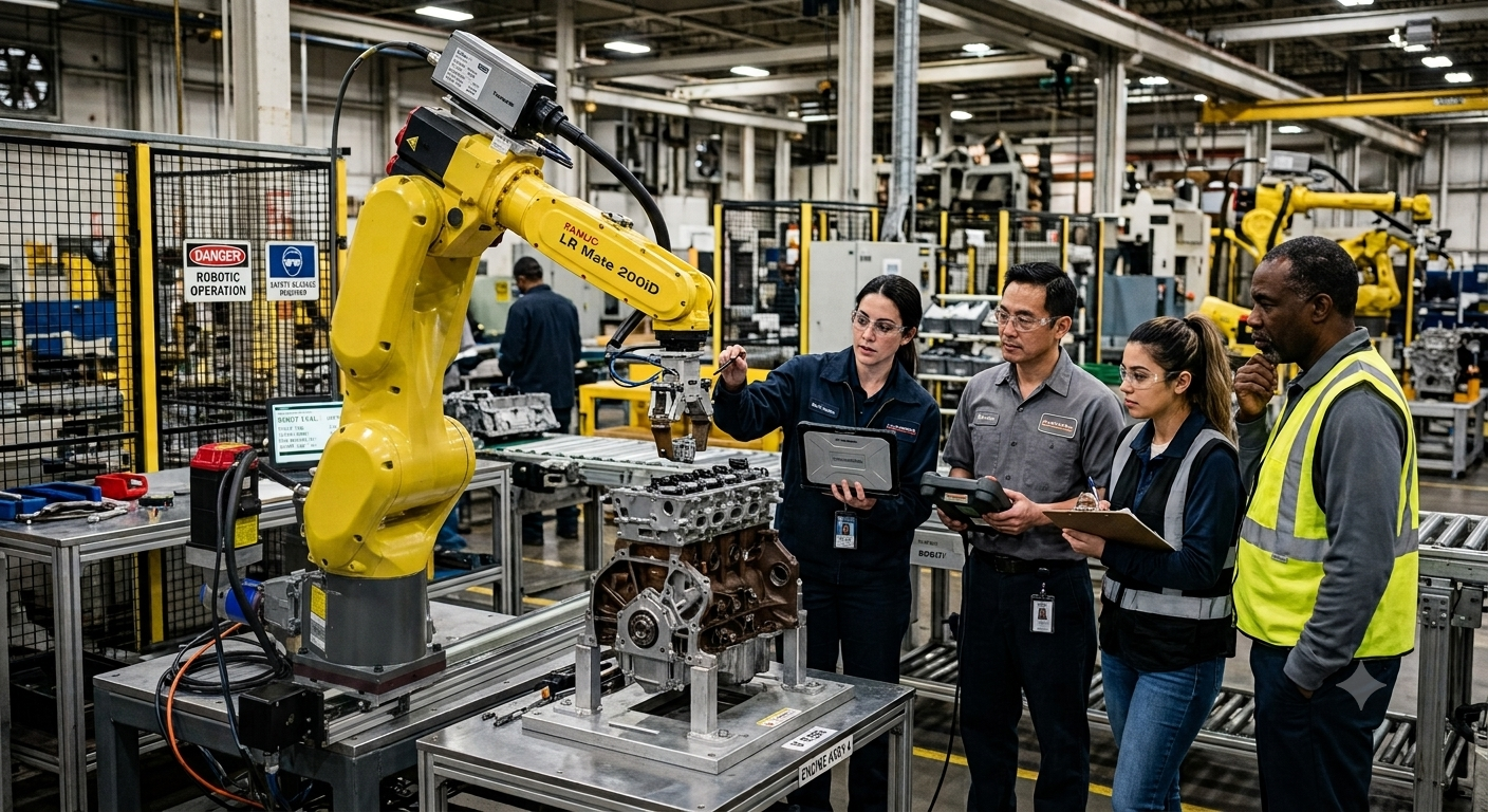 Factory team evaluating an industrial robot for production automation