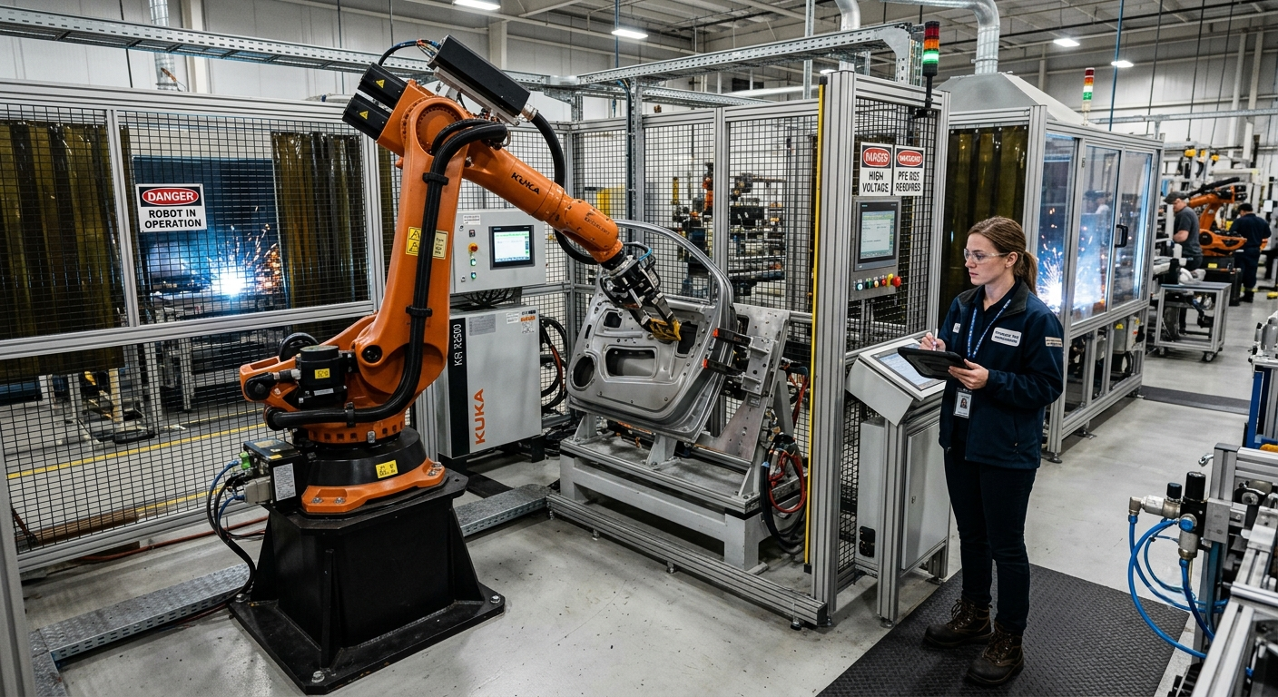 Automation engineer reviewing the integration of an industrial robot into a manufacturing cell