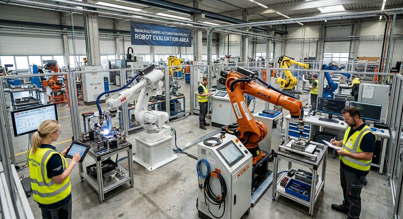 Refurbished and new industrial robots being evaluated for a manufacturing automation project