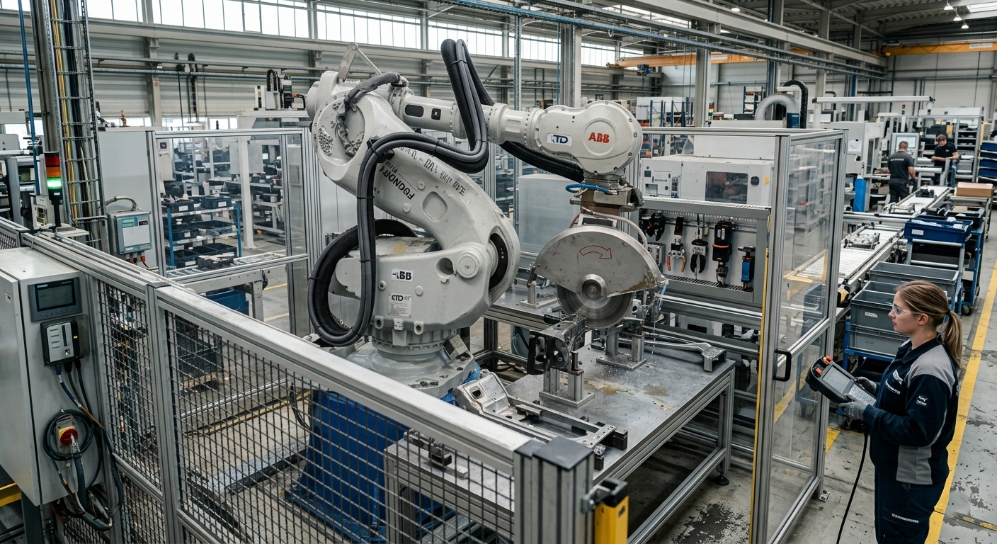 Refurbished industrial robot operating in a modern manufacturing production cell