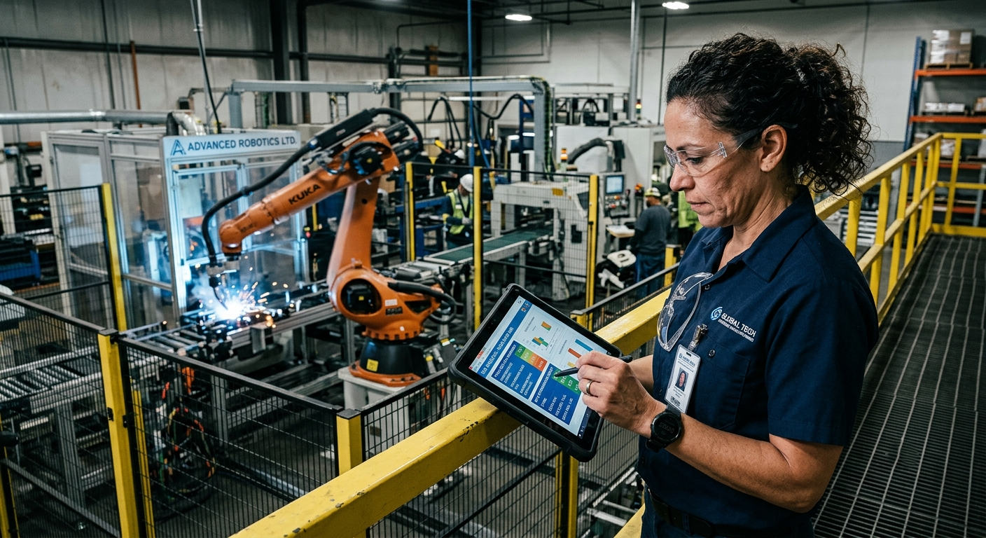 Production manager reviewing industrial robot ROI calculations and manufacturing performance metrics