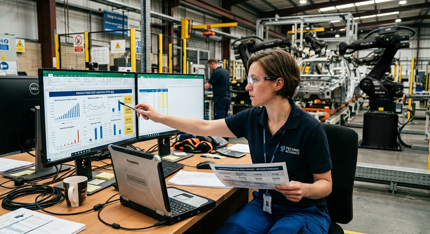 Automation engineer reviewing production costs beyond industrial robot purchase price