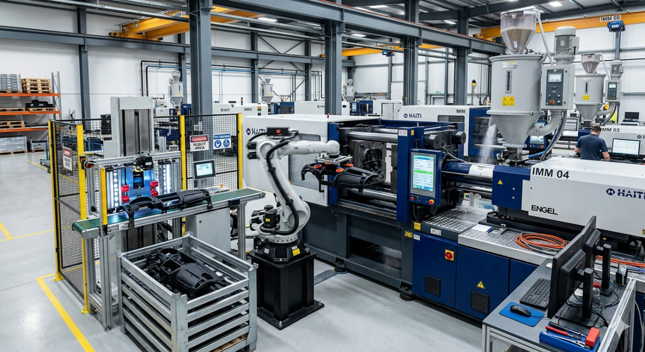 Industrial robot removing molded plastic parts from an injection molding machine