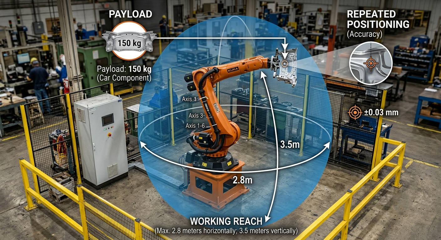 Industrial robot diagram showing payload, working reach and repeated positioning