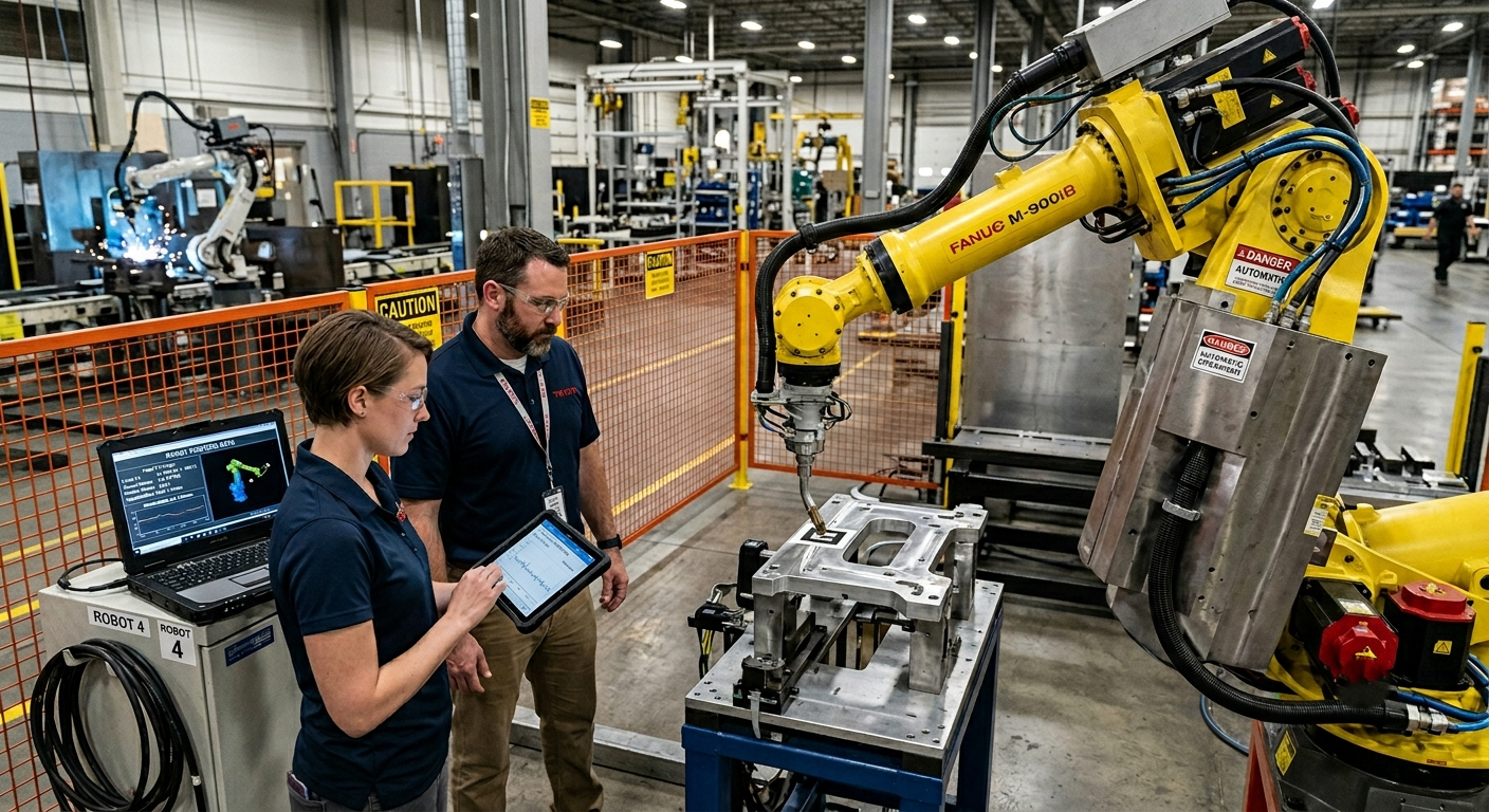 Industrial robot returning to a programmed point while engineers compare accuracy and repeatability