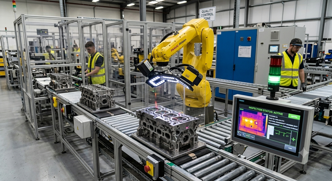 Industrial robot performing automated visual quality inspection on a production line