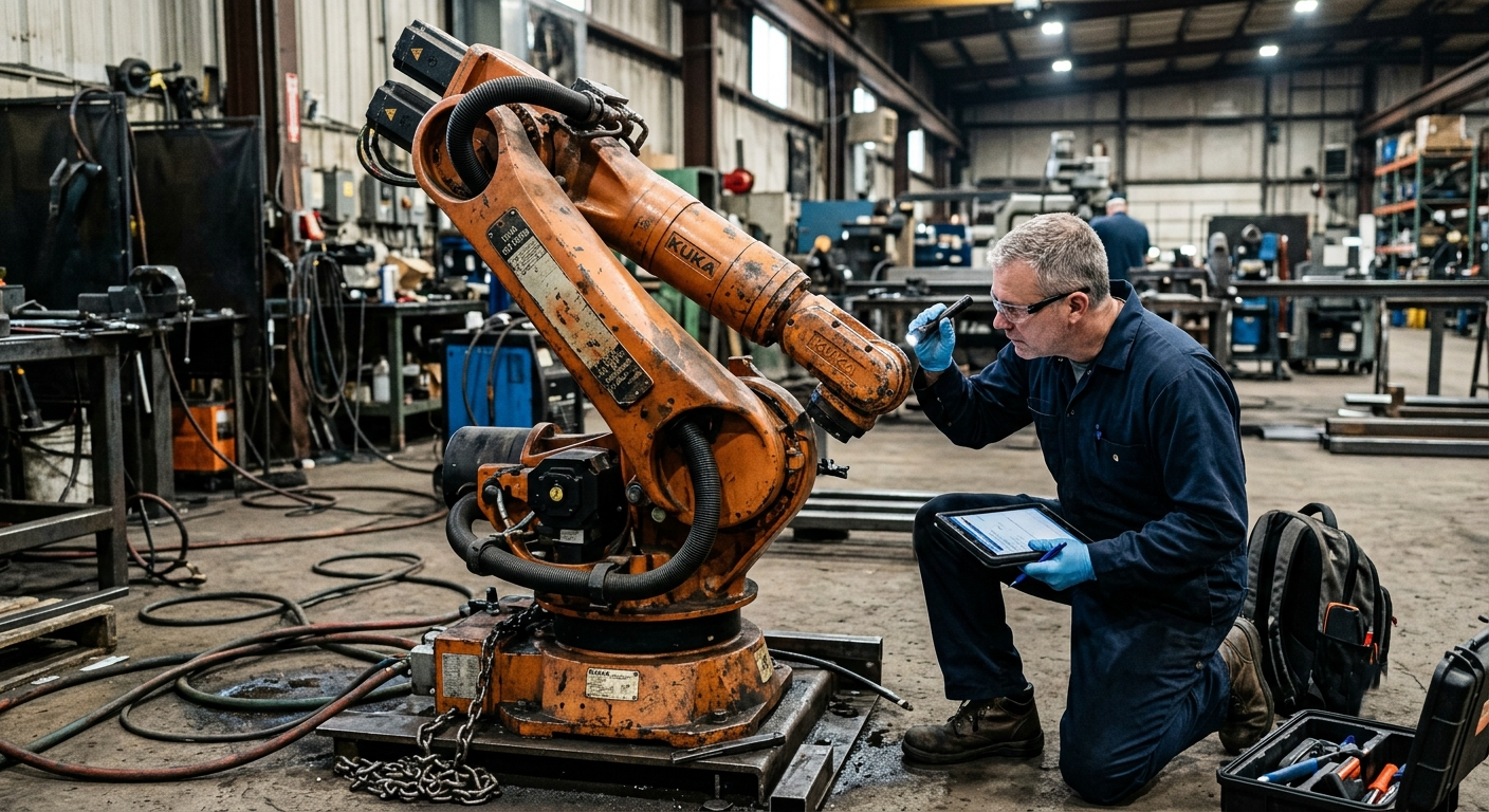 Maintenance engineer inspecting a used industrial robot before purchase