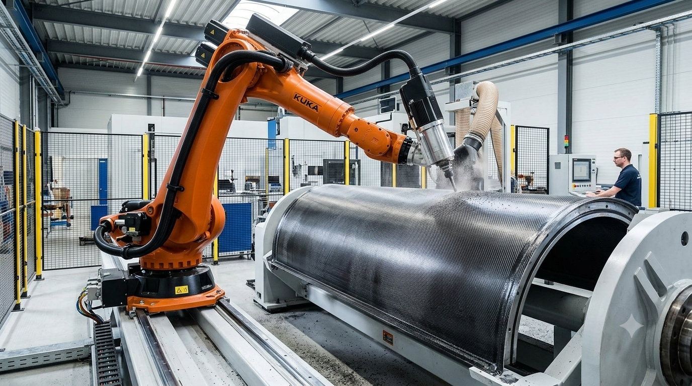Industrial robot performing robotic milling on a large composite component