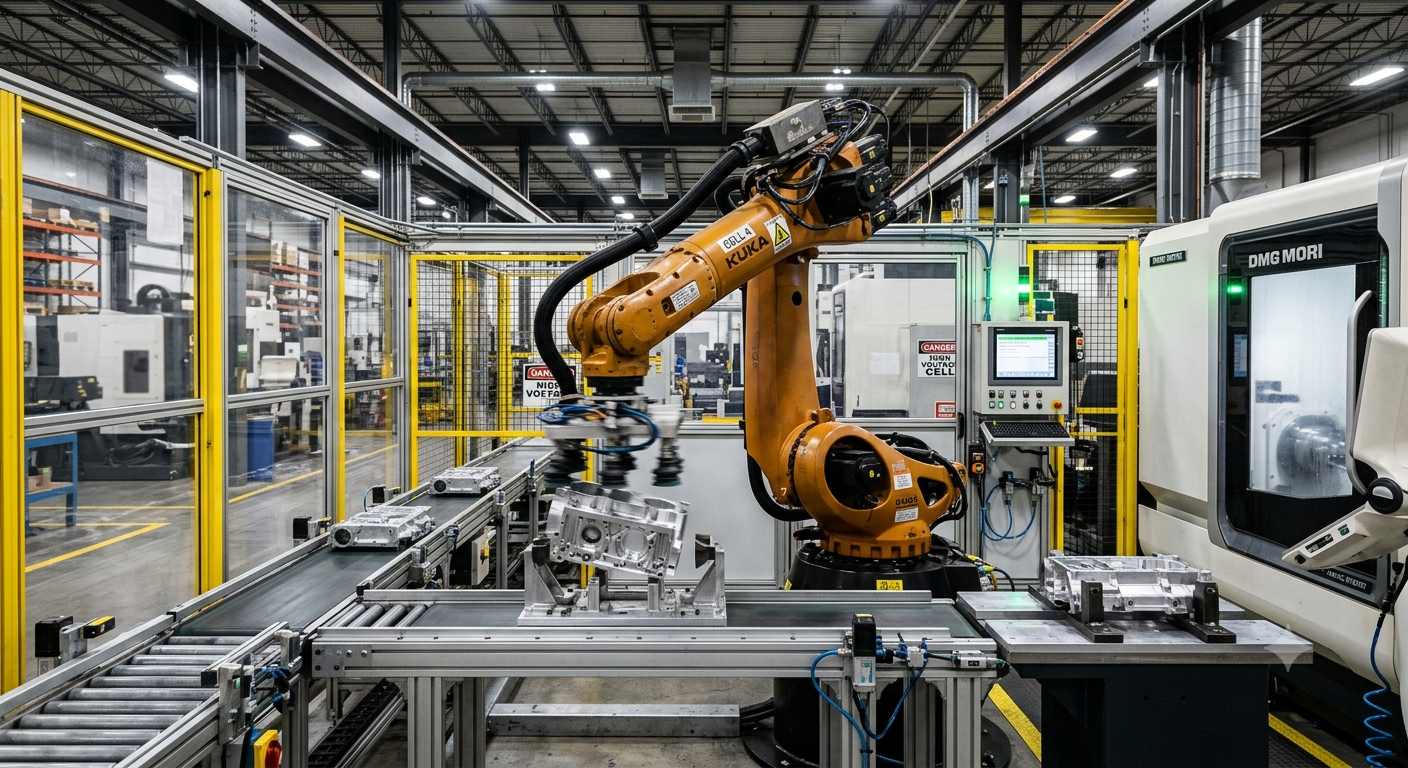 Industrial robot completing a production cycle inside an automated manufacturing cell