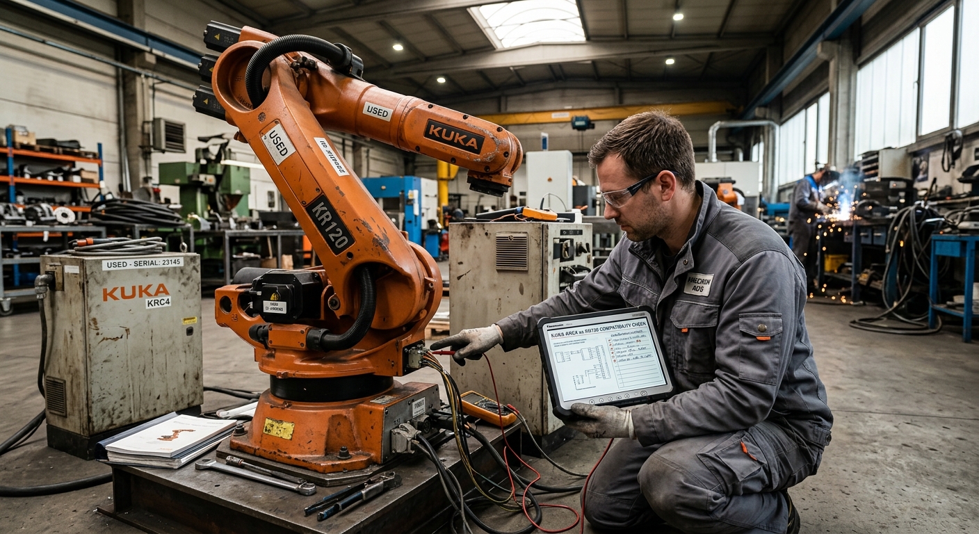 Engineer checking controller compatibility before installing a used industrial robot