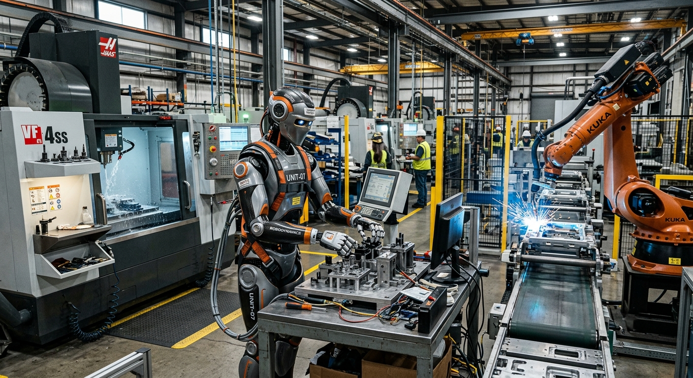 Humanoid robot performing industrial tasks alongside traditional automation equipment in a manufacturing plant