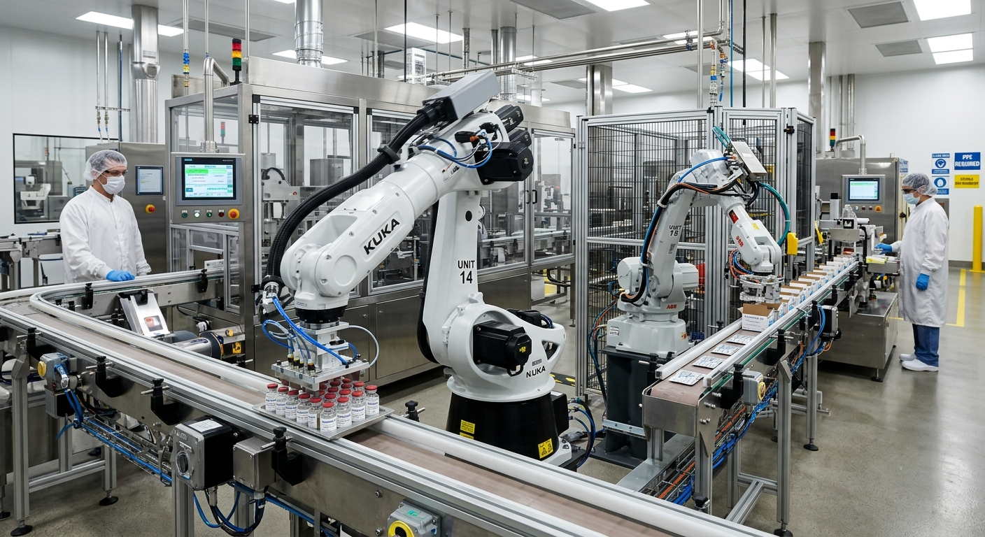 Industrial robot operating in a pharmaceutical manufacturing environment