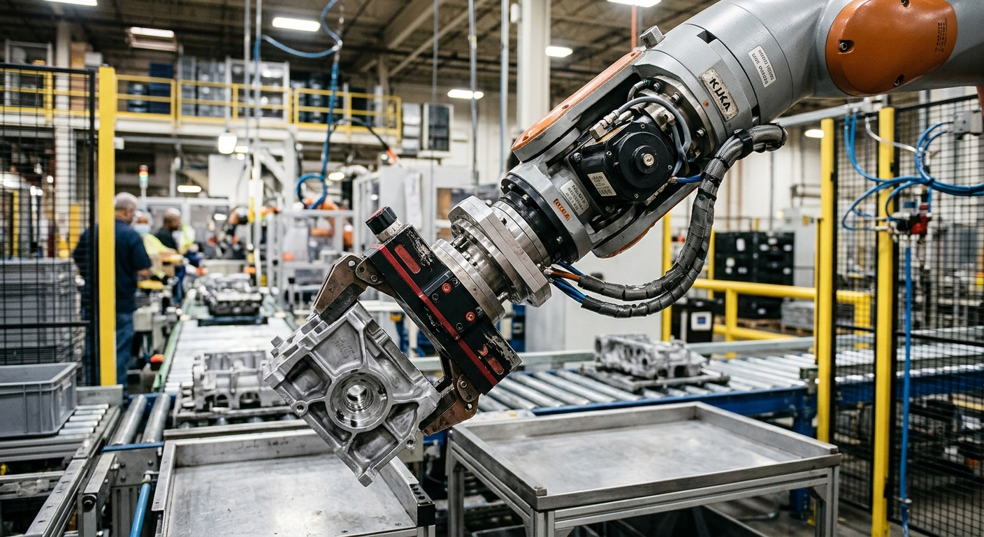 Industrial robot wrist carrying an offset gripper and workpiece during a material handling cycle