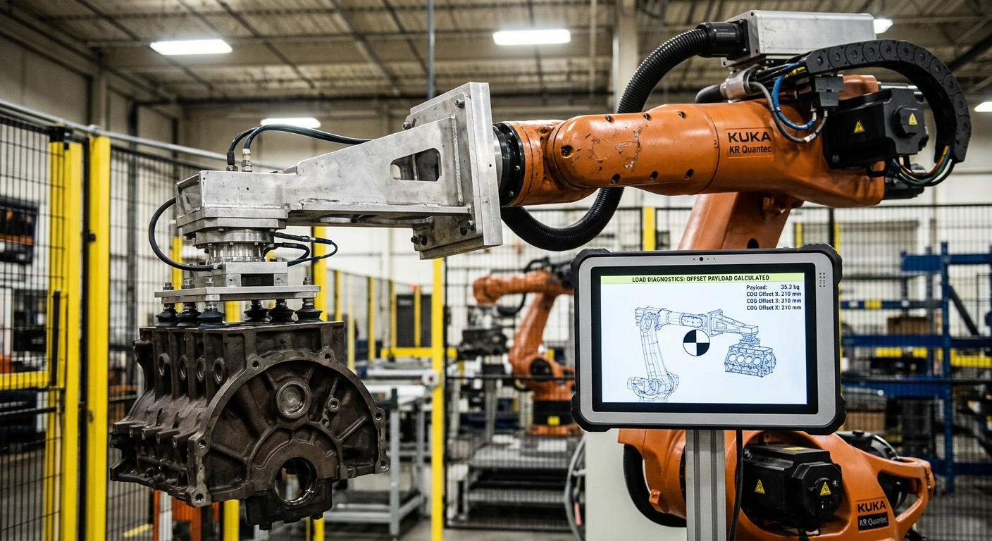Industrial robot wrist carrying offset end-of-arm tooling with the load center of gravity indicated