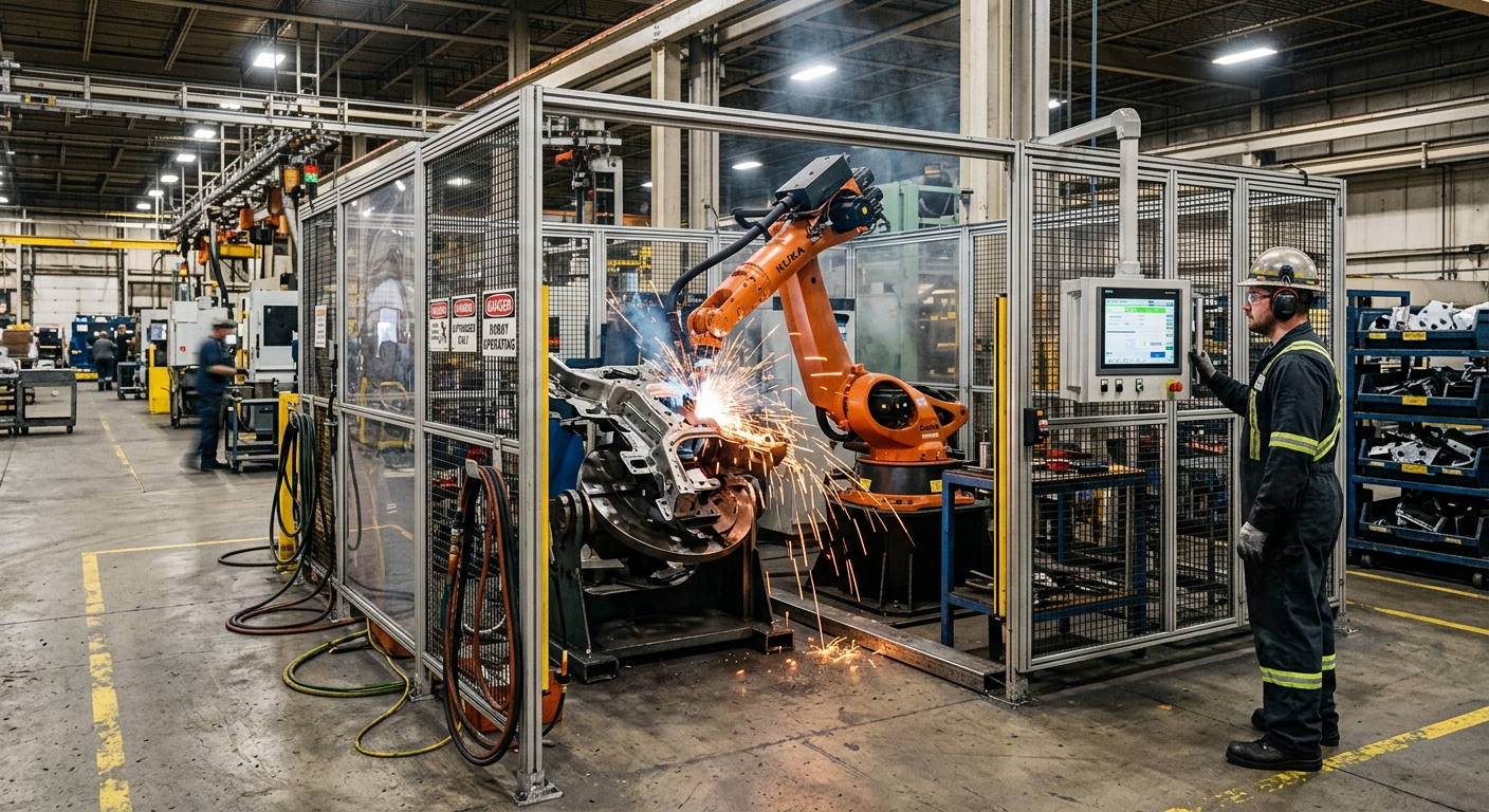 Industrial robotic cell operating during a normal manufacturing production shift