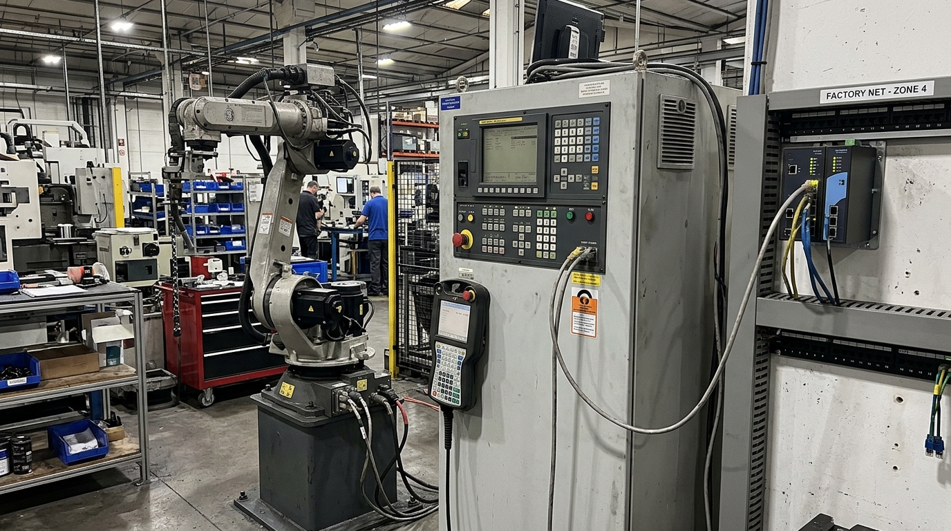 Legacy industrial robot controller connected to a factory network