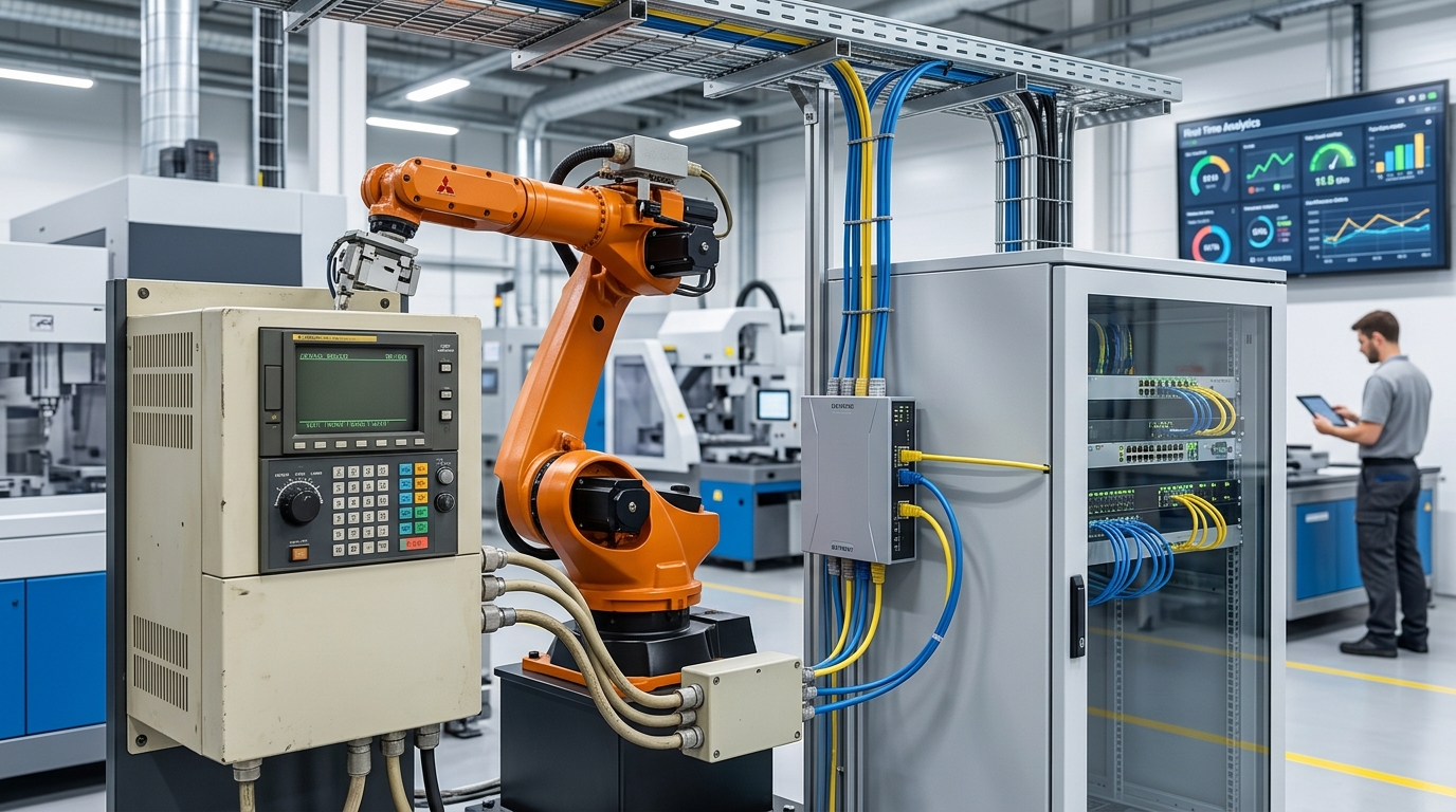 Legacy industrial robot controller connected to a modern factory data network