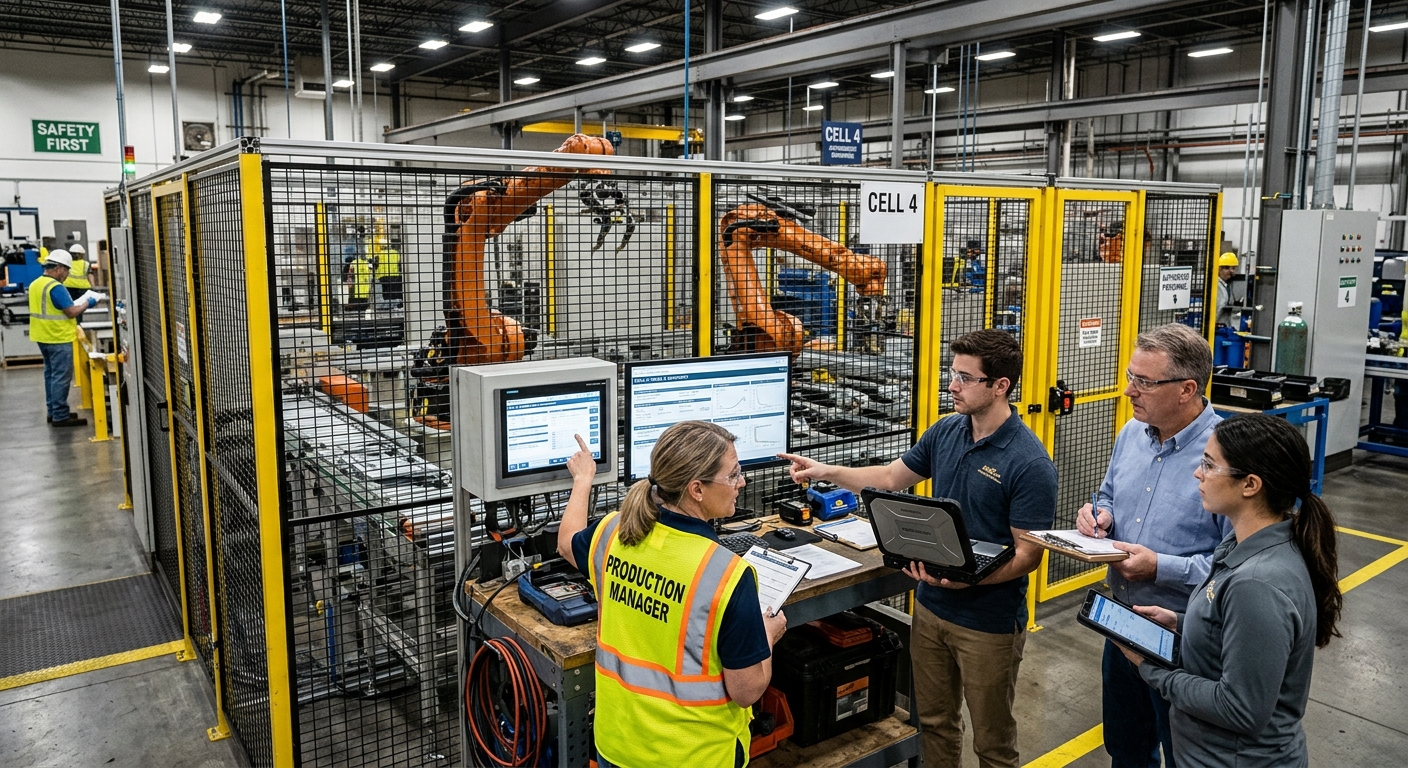 Production team assessing downtime risk and recovery requirements for an industrial robotic automation cell
