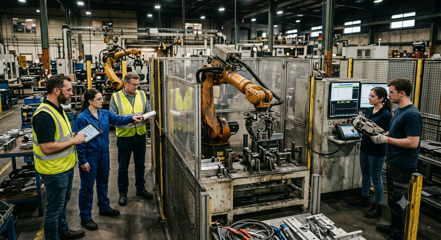 Production team reviewing a robotic automation cell after extended operation