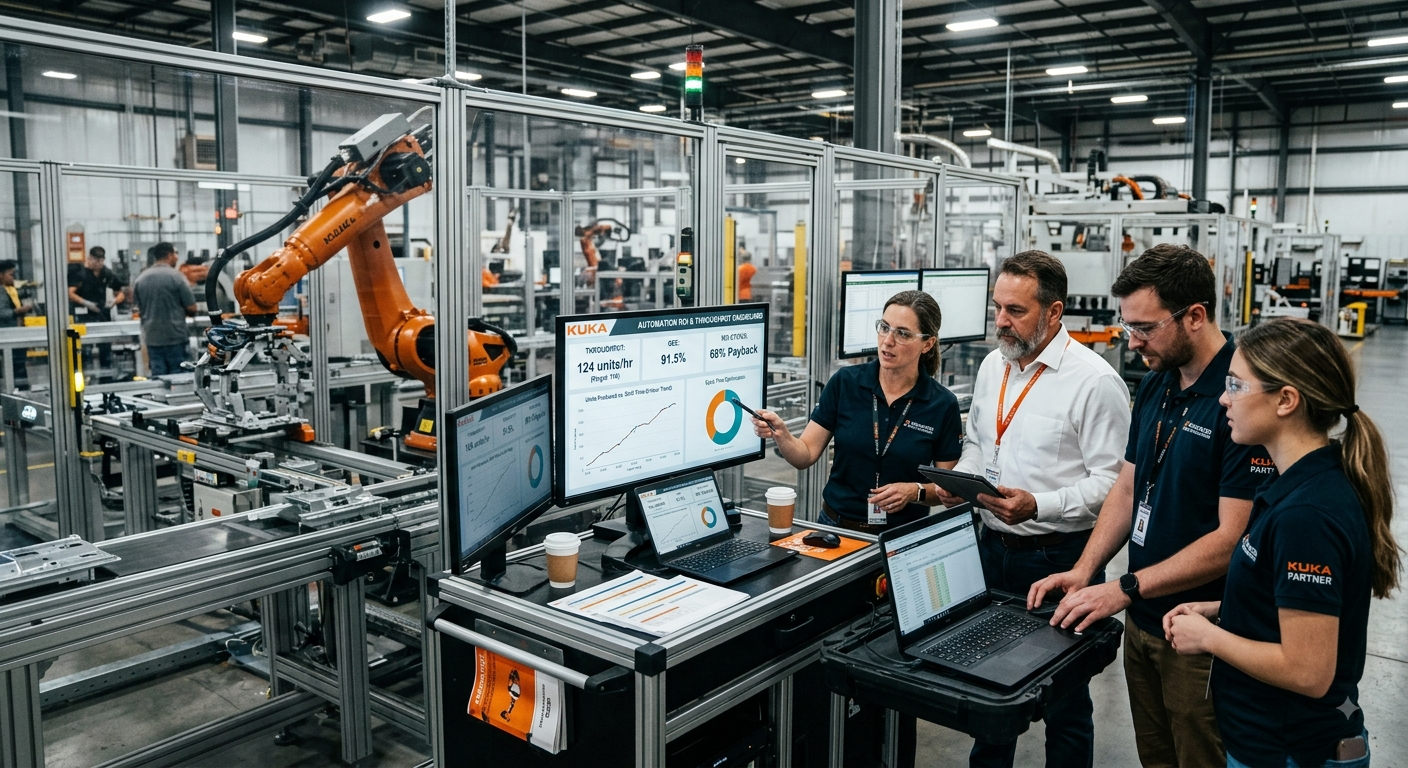 Production team reviewing throughput and ROI data from a KUKA robotic automation project