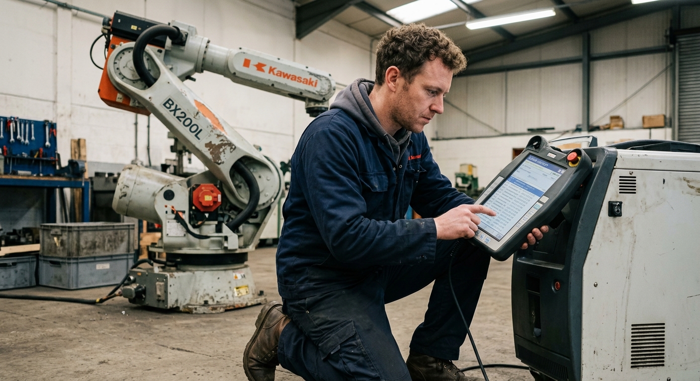 Technician reviewing industrial robot alarm history on a controller before a used robot purchase