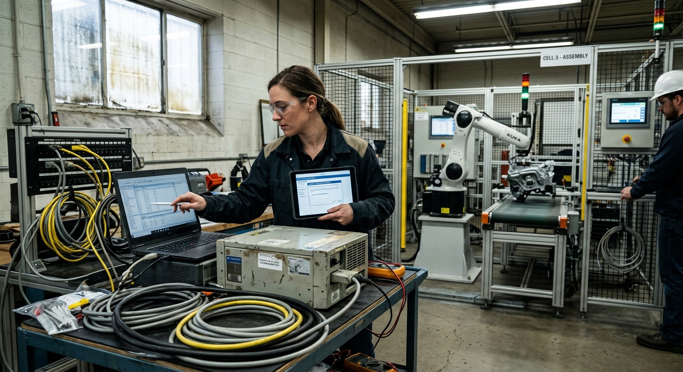 Used industrial robot controller being evaluated for compatibility with an existing automated production cell