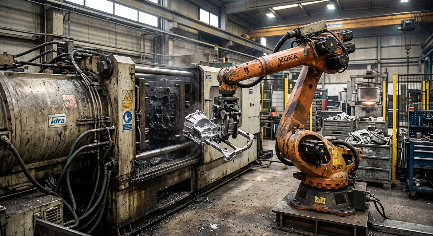 Used industrial robot handling a casting beside a die-casting machine
