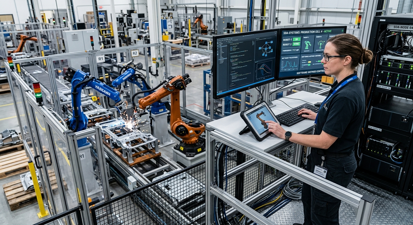 Engineer managing software-defined automation in an industrial robotic production cell
