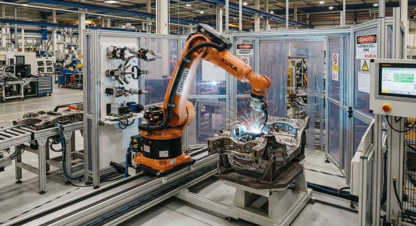 Industrial robot applications using interchangeable tooling in a flexible manufacturing cell