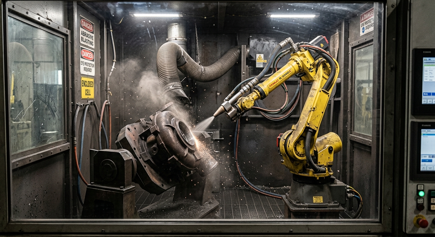 Industrial robot directing abrasive blasting at a metal component inside an enclosed production cell
