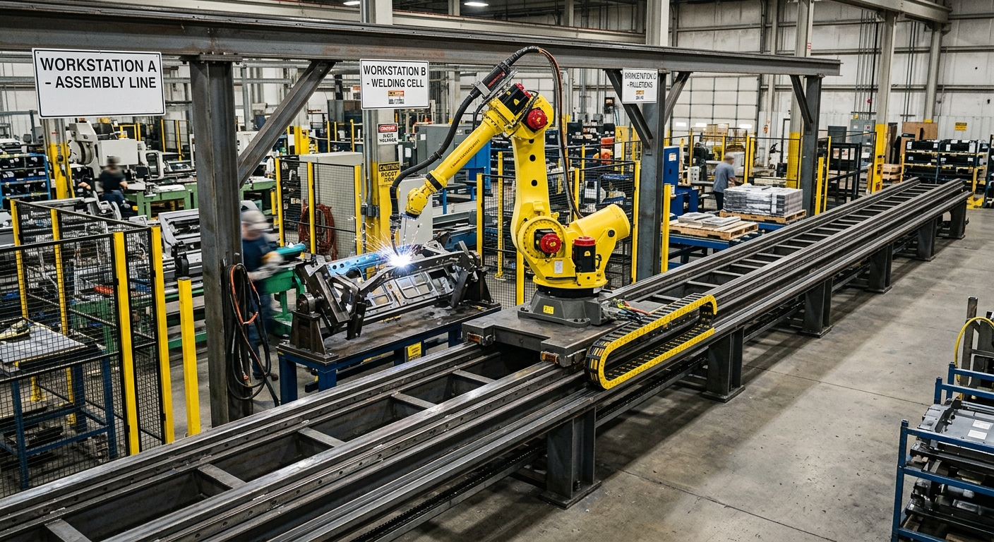 Industrial robot mounted on a linear external axis to reach multiple workstations