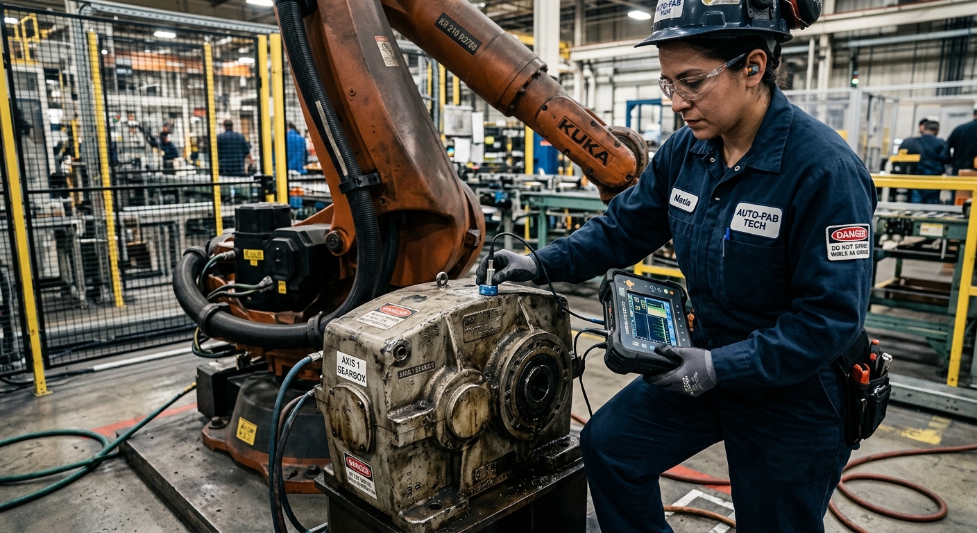 Maintenance technician checking an industrial robot gearbox for mechanical wear without dismantling the robot