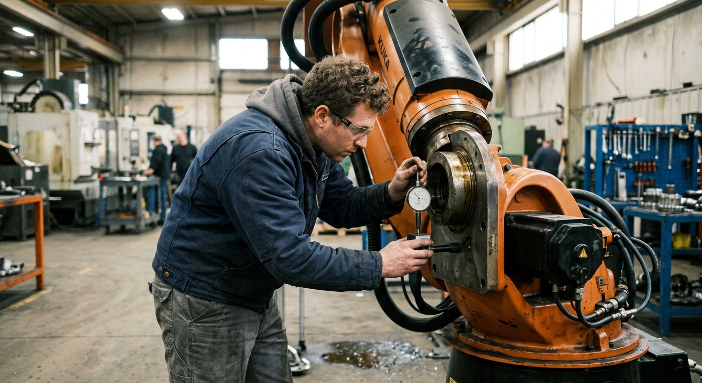 Maintenance technician checking an industrial robot joint for excessive mechanical backlash