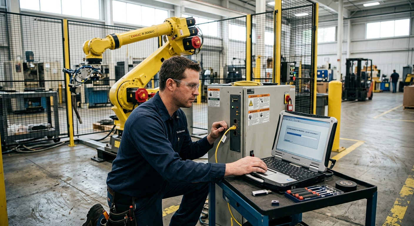 Maintenance technician preparing industrial robot backups before servicing or relocating a robotic cell