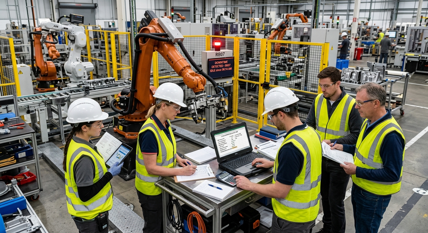 Production team calculating the hourly cost of downtime in an industrial robotic cell