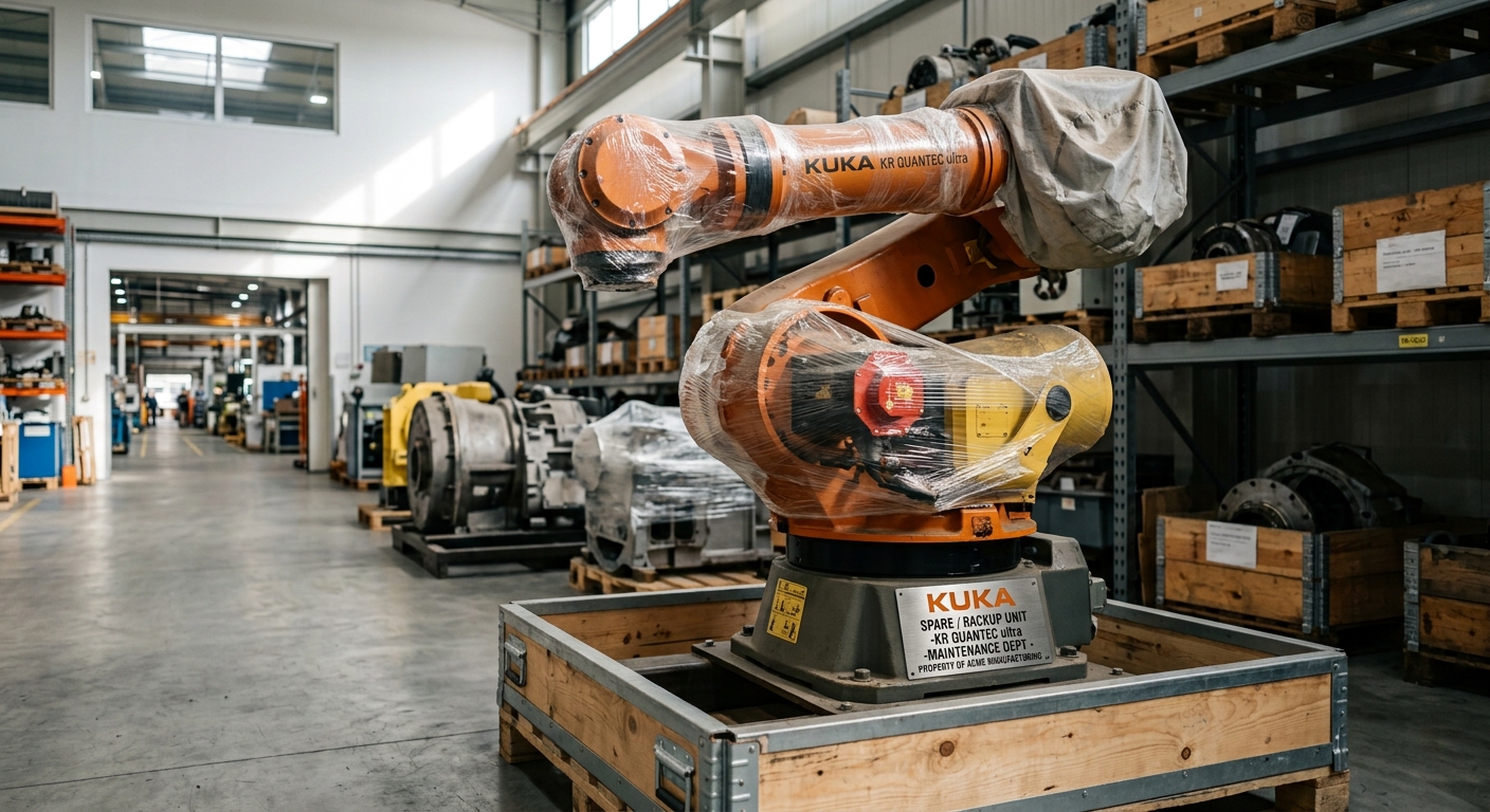 Spare industrial robot stored as production backup in a manufacturing facility
