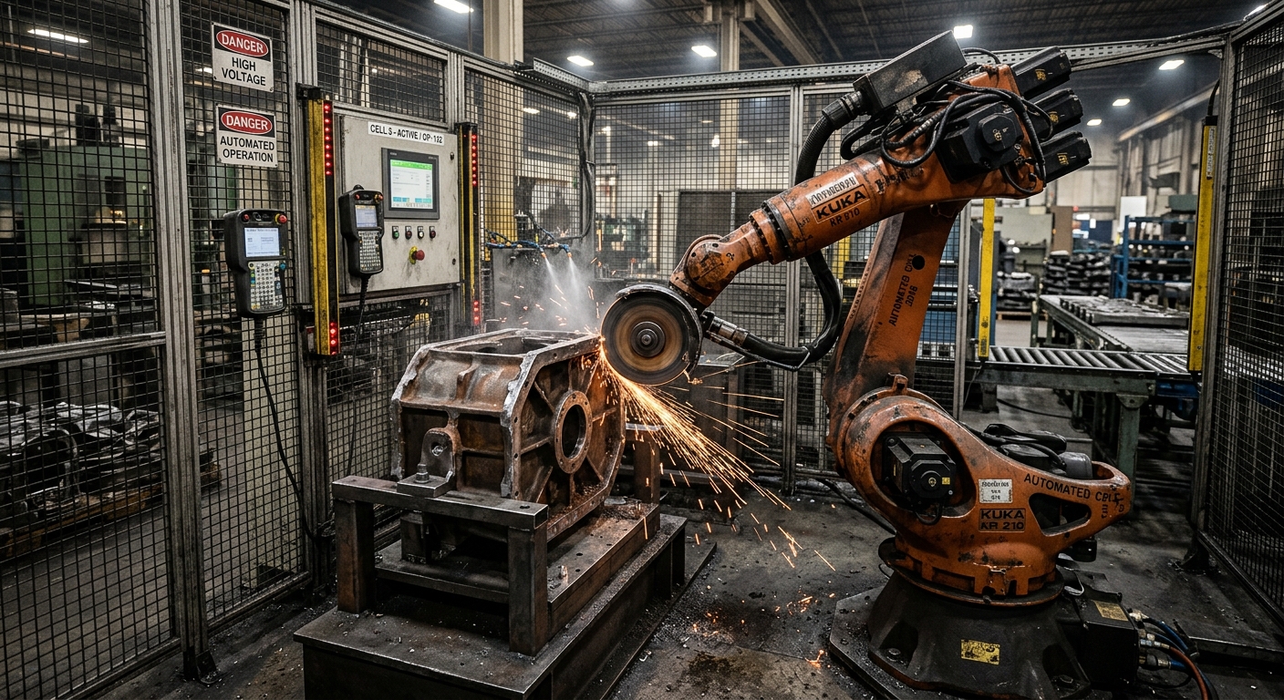 Used industrial robot grinding and deburring a metal component in an automated cell