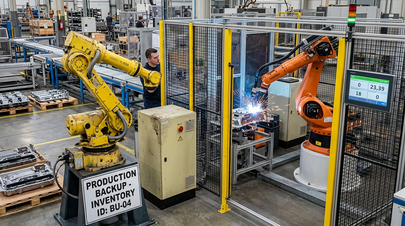 Used industrial robot held as a production backup beside an active robotic cell