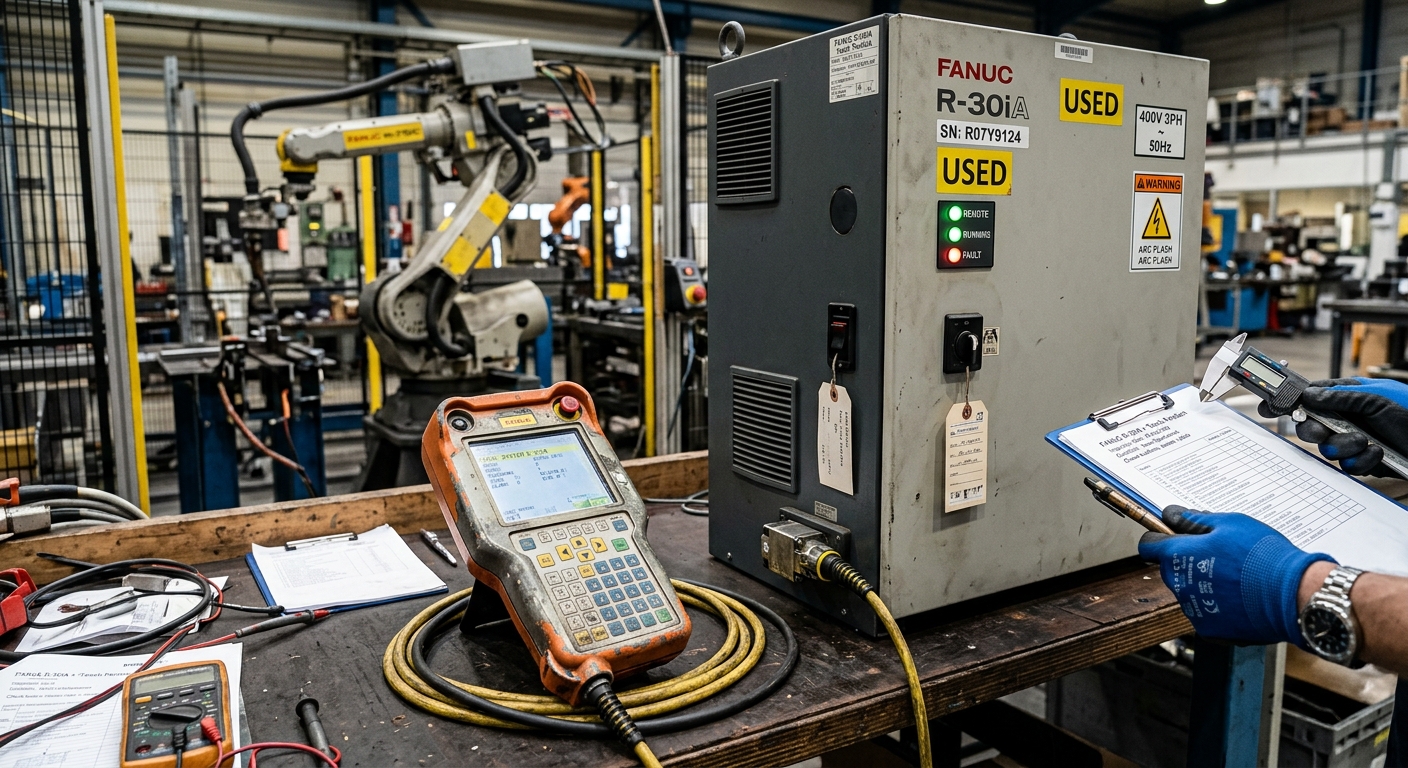 Used robot teach pendant beside an industrial robot controller during a pre-purchase inspection