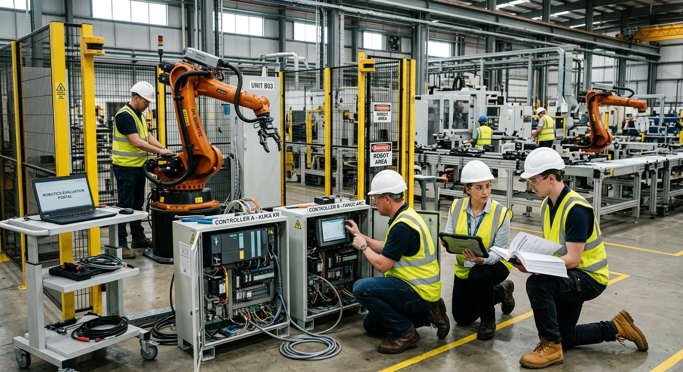 Automation engineers evaluating industrial robot controllers and robot arms for standardization across a manufacturing plant