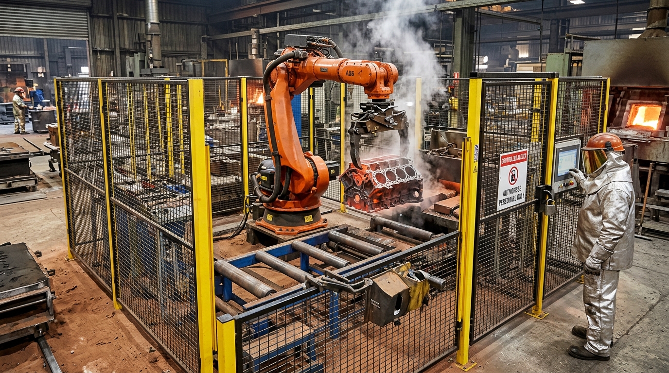 Industrial robot handling a metal casting inside a foundry production cell with protective equipment and controlled access