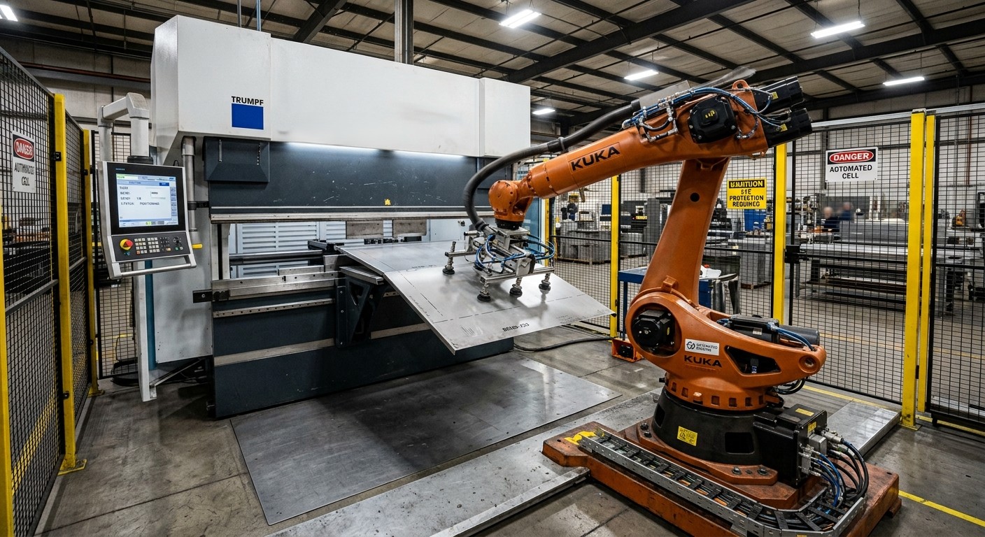 Industrial robot positioning a sheet metal workpiece at a CNC press brake in an automated bending cell