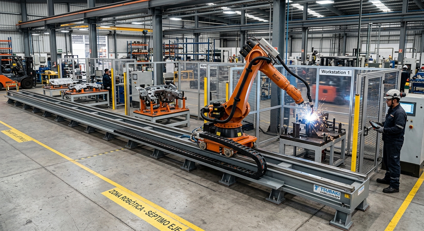 Industrial robot track systems with a seventh-axis linear rail connecting multiple manufacturing workstations