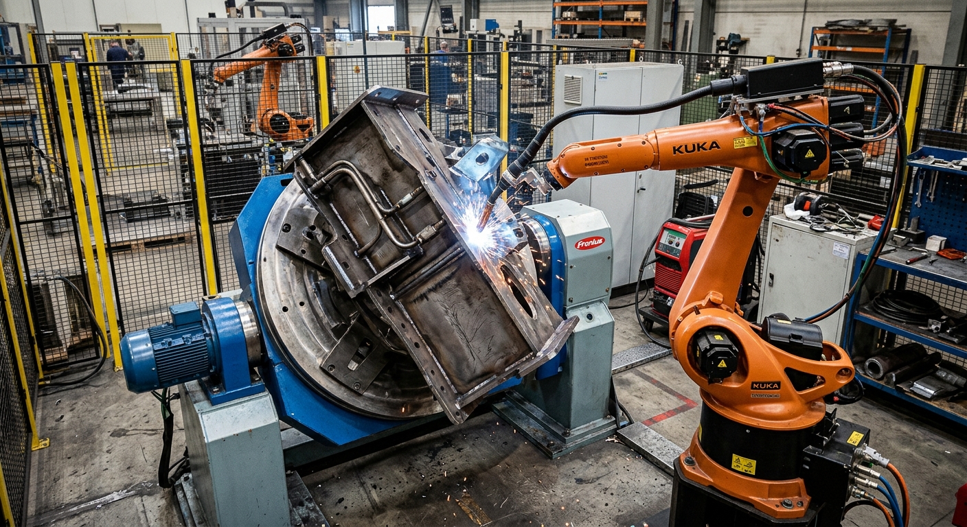 Industrial robot working with a rotary positioner that reorients a metal workpiece for improved tool access