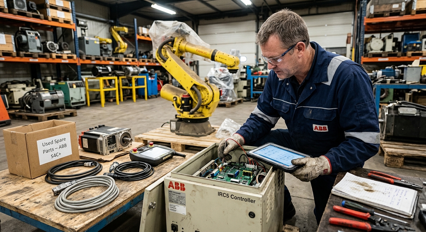 Maintenance engineer inspecting an industrial robot controller and spare components before purchasing a used robot