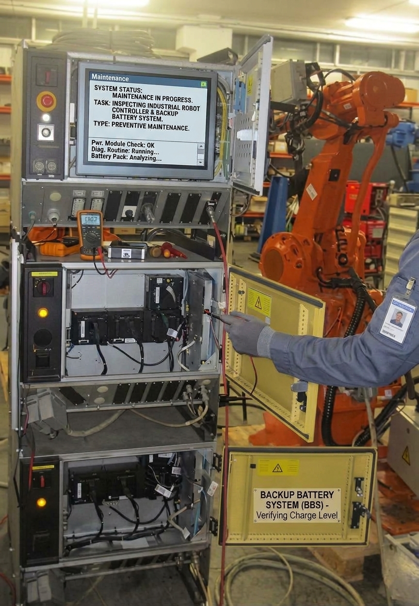 Maintenance technician inspecting an industrial robot controller and backup battery system during preventive maintenance